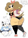  anthro big_breasts big_butt black_body black_ears black_fur black_hair blush blush_lines breasts brown_hair butt canid canine canis cleavage clothed clothing derp_eyes domestic_dog duo english_text female footwear fur hair happy hi_res mammal onomatopoeia open_mouth peanut_butter_(puppychan48) phone puppychan puppychan48 smile socks sound_effects star_eyes taking_picture tan_body tan_fur text thick_thighs topwear white_body white_fur wide_hips 