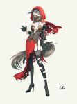  1girl animal_ears aqua_eyes bare_shoulders beige_background black_footwear black_gloves brown_collar capelet collar collarbone corset fufu_(fufuichi04) garter_straps gloves grey_hair grey_legwear high_heels highres hood hood_up little_red_riding_hood little_red_riding_hood_(grimm) long_hair muzzle original pantyhose red_capelet signature simple_background single_thighhigh standing tail thighhighs torn torn_capelet torn_clothes torn_legwear wolf_ears wolf_girl wolf_tail 