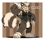  anthro armpit_hair body_hair border bow_tie brown_body brown_fur character_name clothing cuffs_(clothing) ear_piercing flexing fur hexdisciple hi_res male mammal muscular muscular_anthro muscular_male one_eye_closed pecs piercing procyonid raccoon smile solo topwear vest white_border 