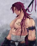  1boy abs armband armlet bandages bangs bara glaring hair_down highres large_pectorals long_hair looking_at_viewer male_focus mullet muscular muscular_male parted_bangs pectorals rain red_hair sideburns solo stomach tattoo tonbokiri_(touken_ranbu) topless_male touken_ranbu vambraces wakuwakumuscle weapon 