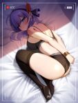  1girl absurdres ahoge ako_(blue_archive) ass bare_arms bare_shoulders black_bra black_legwear black_panties blue_archive bound bra breasts frown hairband highres large_breasts long_hair looking_at_viewer lying no_shoes on_bed panties purple_eyes purple_hair recording restrained sbgu solo thighhighs thighs underwear underwear_only v-shaped_eyebrows viewfinder 