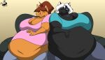  anthro breasts chrisandcompany cleavage clothed clothing domestic_cat duo felid feline felis female furniture mammal mephitid overweight reese_vecat skunk sofa 