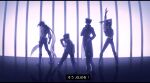  4boys backlighting battle_tendency crop_top dancing diamond_wa_kudakenai gloves hat higashikata_josuke jojo_no_kimyou_na_bouken jojo_pose jonathan_joestar joseph_joestar joseph_joestar_(young) kujo_jotaro long_coat male_focus midriff monochrome multiple_boys namihaya phantom_blood pose scarf stardust_crusaders 