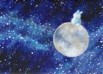  animal animal_focus bunny colorful commentary_request full_moon galaxy glowing looking_afar milky_way moon no_humans original painting_(medium) sinsousui sitting star_(sky) traditional_media watercolor_(medium) 