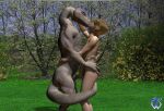  3d_(artwork) anthro arm_around_waist blonde_hair digital_media_(artwork) dinosaur dromaeosaurid duo erection genitals grass grey_body hair hand_on_butt holding_partner human human_on_anthro interspecies kissing larger_anthro male male/male mammal markings muscular muscular_anthro muscular_male nature penis plant reptile romantic romantic_couple scalie signature size_difference smaller_human tai_wolf tail_around_partner theropod tree tribal tribal_markings velociraptor 