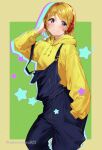  1girl absurdres blush closed_mouth commentary_request eyebrows_visible_through_hair hand_in_pocket headphones highres jacket koizumi_hanayo long_sleeves looking_at_viewer love_live! love_live!_school_idol_project nakano_maru overalls purple_eyes smile solo star_(symbol) twitter_username yellow_jacket 