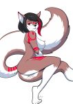  anthro black_hair bodily_fluids breasts brown_body brown_fur domestic_cat felid feline felis female fluffy fluffy_tail fur genital_fluids hair hi_res mammal nipples open_mouth open_smile pussy_juice red_eyes smile solo teeth white_body white_fur yawg yumi_yama 