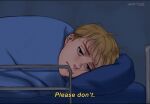  1boy annlu_vazzel armin_arlert bed blanket blonde_hair covering pillow shingeki_no_kyojin 