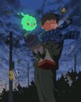  2boys absurdres blue_scarf blue_sky breath ekubo_(mob_psycho_100) feet_out_of_frame fish ghost gloves glowing highres kageyama_shigeo long_sleeves mob_psycho_100 multiple_boys outdoors plaid plaid_scarf power_lines scarf sky space_potatoz star_(sky) starry_sky winter_clothes 