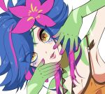  1girl armpits bangs bare_arms bare_shoulders blue_hair breasts cleavage colored_skin dutch_angle eyebrows_visible_through_hair eyes_visible_through_hair flower green_skin hair_flower hair_ornament hands_up hiyari_(hiyarilol) league_of_legends looking_at_viewer multicolored_hair neeko_(league_of_legends) open_mouth orange_eyes pink_hair pink_nails pink_skin portrait shiny shiny_hair simple_background small_breasts smile solo vastaya white_background yellow_eyes 