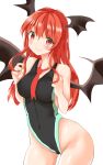  1girl ass_visible_through_thighs bangs bare_shoulders bat_wings blush breasts closed_mouth contrapposto covered_navel cowboy_shot fujiko_(emnprmn) hair_between_eyes hands_up head_wings highres koakuma long_hair looking_at_viewer medium_breasts necktie one-piece_swimsuit red_eyes red_hair red_necktie sidelocks simple_background smile solo swimsuit touhou white_background wings 