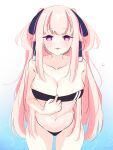  1girl bare_shoulders breasts clothes_pull covered_navel double_vertical_stripe gris_swimsuit hair_ribbon highleg highleg_swimsuit highres hoshifuri_iku indie_virtual_youtuber large_breasts long_hair meme meme_attire one-piece_swimsuit pink_hair purple_eyes ribbon see-through see-through_swimsuit shiny shiny_clothes strapless strapless_swimsuit swimsuit swimsuit_pull tongue tongue_out two_side_up water wetfloorrr 