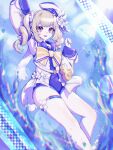  1girl absurdres barbara_(genshin_impact) barbara_(summertime_sparkle)_(genshin_impact) bare_legs blonde_hair blurry bokeh bow chromatic_aberration clenched_hand commentary_request depth_of_field drill_hair eyebrows_visible_through_hair feet_out_of_frame flower genshin_impact hair_between_eyes hair_flower hair_ornament hat highres knee_up long_sleeves official_alternate_costume open_mouth park_ogre purple_eyes sailor_hat short_twintails solo sparkle splashing teeth thigh_gap tilted_headwear twin_drills twintails upper_teeth watercraft white_flower wide_sleeves yellow_bow 