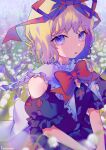  1girl artist_name black_shirt blonde_hair blue_eyes collared_shirt eyebrows_visible_through_hair flower frilled_shirt_collar frills hair_ribbon highres hinasumire lily_of_the_valley medicine_melancholy open_mouth puffy_short_sleeves puffy_sleeves red_ribbon red_skirt ribbon shirt short_hair short_sleeves signature skirt solo touhou upper_body white_flower 