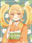  1girl bangs blonde_hair blush cat_hair_ornament commentary_request danganronpa_(series) danganronpa_2:_goodbye_despair floral_print flower green_background hair_ornament hand_up highres hiroshi_(hn_hbr) japanese_clothes kimono long_hair long_sleeves obi orange_eyes orange_kimono saionji_hiyoko sash shiny shiny_hair smile solo twintails white_flower 