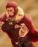  1boy bara beard cape crossed_arms dark-skinned_male dark_skin facial_hair fate/zero fate_(series) feet_out_of_frame from_above fur-trimmed_cape fur_trim greek_clothes highres iskandar_(fate) keijimohumohu male_focus mature_male muscular muscular_male pectoral_cleavage pectorals red_cape red_eyes red_hair short_hair smile solo thick_eyebrows 