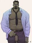  1boy abs alittlep bara bare_pectorals belt between_pectorals black_necktie bulge chest_hair collared_shirt cowboy_shot dark-skinned_male dark_skin facial_hair flaccid glasses goatee highres large_pectorals looking_at_viewer male_focus mature_male muscular muscular_male mustache navel navel_hair necktie necktie_between_pectorals nipples open_clothes open_fly open_shirt original pectorals penis salaryman shirt short_hair sideburns solo spiked_hair stomach thick_eyebrows uncensored 