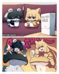  anthro belly big_breasts blue_eyes bottomless breasts butter_sugoi canid canine chibi clothed clothing drinking duo female fox hi_res mammal mature_female milk navel procyonid raccoon size_transformation smile transformation under_boob 