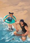  1boy 1girl beach black_hair blonde_hair child chinese_commentary diamond_wa_kudakenai double_bun father_and_daughter innertube jojo_no_kimyou_na_bouken kujo_jolyne kujo_jotaro multicolored_hair one-piece_swimsuit sandals shirt spider_web_print starfish swimsuit t-shirt two-tone_hair younger z.i 