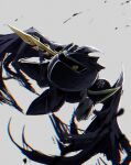  1boy ameame_tamabe armor cape full_armor full_body galaxia_(sword) glowing glowing_eye grey_background highres holding holding_sword holding_weapon kirby_(series) looking_at_viewer meta_knight no_humans simple_background solo sword torn_cape torn_clothes weapon yellow_eyes 