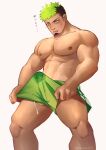  1boy abs bara black_hair blush bulge cum cum_in_clothes cum_on_legs dark-skinned_male dark_skin erection erection_under_clothes facial_hair feet_out_of_frame goatee green_eyes green_shorts hidora_art highres large_pectorals looking_down male_focus mature_male multicolored_hair muscular muscular_male nipples no_male_underwear pectorals short_hair shorts sideburns solo standing stomach taurus_mask testicle_peek thick_thighs thighs tokyo_afterschool_summoners topless_male translated two-tone_hair 