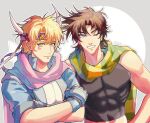  2boys battle_tendency blonde_hair blue_eyes blue_jacket brown_hair caesar_anthonio_zeppeli crop_top crossed_arms facial_mark feather_hair_ornament feathers fingerless_gloves gloves green_eyes green_scarf hair_ornament headband highres jacket jojo_no_kimyou_na_bouken joseph_joestar joseph_joestar_(young) male_focus midriff multicolored_clothes multicolored_scarf multiple_boys one_eye_closed pickieeeee pink_scarf scarf striped striped_scarf triangle_print yellow_scarf 