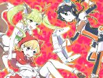  3girls ahoge animal_costume animal_ears armor belt black_eyes black_hair blonde_hair blue_eyes blush bodysuit braid deale_(nyanko_daisensou) elico_nya frown green_hair headband kneehighs minya_(nyanko_daisensou) multiple_girls nyanko_daisensou red_hood smile starry_background tail thighs twintails weapon wolf_costume wolf_ears wolf_tail yellow_eyes 