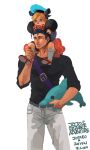  1boy 1girl black_hair black_shirt blonde_hair carrying child diamond_wa_kudakenai double_bun father_and_daughter hat jojo_no_kimyou_na_bouken kujo_jolyne kujo_jotaro minnie_mouse_ears multicolored_hair no_jacket sailor_hat shirt shoulder_belt shoulder_carry sleeves_rolled_up stuffed_animal stuffed_dolphin stuffed_toy turtleneck two-tone_hair z.i 