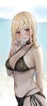  1girl arm_behind_back bangs bikini black_choker blonde_hair blurry blurry_background blush breasts choker cleavage collarbone ear_piercing earrings fake_nails floral_print from_side gyaru hand_up highres jewelry kitagawa_marin large_breasts navel open_mouth piercing pink_nails red_eyes rouka_(akatyann) shy side-tie_bikini sideboob solo sono_bisque_doll_wa_koi_wo_suru stomach straight_hair strap_gap swept_bangs swimsuit water wet wet_clothes wet_hair wet_swimsuit 