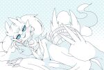  2022 ambiguous_gender anthro blue_eyes blush claws dragon hi_res legendary_pok&eacute;mon nintendo pok&eacute;mon pok&eacute;mon_(species) reclining reshiram simple_background smile solo video_games white_body winte 