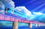  aobara1101 blue_sky bridge cloud cloudy_sky commentary_request day ground_vehicle highres mountain no_humans original river scenery sky summer sunlight train 