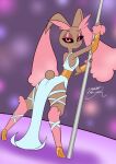  abstract_background absurd_res anthro armor clothing dated eyeshadow female gauntlets gloves handwear hi_res high_heels looking_back lopunny makeup nintendo pok&eacute;mon pok&eacute;mon_(species) pole rear_view shiny_pok&eacute;mon signature smile solo stripper_pole toga video_games wayesh 