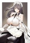  1girl absurdres apron azur_lane bangs between_breasts black_skirt blue_eyes border breasts brown_hair charybdis_(azur_lane) clothing_cutout elbow_gloves eyebrows_visible_through_hair frilled_apron frills gloves hand_up highres huge_breasts long_hair looking_at_viewer maid_headdress open_mouth outside_border shirt skirt sleeveless sleeveless_shirt solo tnr_(horiko1525) underboob underboob_cutout waist_apron white_apron white_border white_gloves white_shirt 