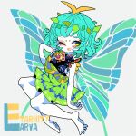  1girl antennae aqua_hair barefoot butterfly_wings character_name dress eternity_larva eyeshadow fairy green_dress leaf leaf_on_head makeup medium_hair multicolored_clothes multicolored_dress one_eye_closed open_mouth smile solo touhou wings yellow_eyes yt_(wai-tei) 