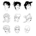  1girl 6+boys absurdres battle_tendency braid diamond_wa_kudakenai dio_brando double_bun enrico_pucci giorno_giovanna greyscale hair_down hat headband higashikata_josuke highres jojo_no_kimyou_na_bouken jonathan_joestar joseph_joestar joseph_joestar_(young) kira_yoshikage kujo_jolyne kujo_jotaro lipstick makeup monochrome multiple_boys outline phantom_blood pickieeeee portrait star_(symbol) stardust_crusaders stone_ocean vento_aureo 