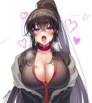  1girl :o absurdres black_hair black_jacket black_shirt breasts choker cleavage counter:side heart heart-shaped_pupils highres jacket large_breasts long_hair looking_at_viewer maett necktie off_shoulder open_clothes open_jacket open_mouth ponytail purple_eyes red_choker saliva shirt solo symbol-shaped_pupils tongue tongue_out upper_body very_long_hair yoo_mina 