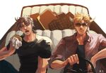  2boys blonde_hair briefcase burger caesar_anthonio_zeppeli car casual convertible driving facial_mark feather_hair_ornament feathers fingerless_gloves food gloves green_eyes ground_vehicle hair_ornament headband jojo_no_kimyou_na_bouken male_focus motor_vehicle multiple_boys open_mouth red_shirt shirt signature sunglasses t-shirt z.i 