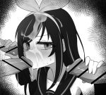  1girl 3boys bar_censor blush censored cum cum_on_hair double_handjob erection facial fellatio gangbang greyscale group_sex hairband handjob hetero kizuna_ai kizuna_ai_inc. long_hair monochrome multicolored_hair multiple_boys multiple_penises oral organ_rn penis sailor_collar solo_focus streaked_hair 