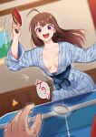  1girl :d bangs blue_kimono blush breasts brown_hair cleavage collarbone commentary_request eyebrows_visible_through_hair idolmaster idolmaster_million_live! indoors japanese_clothes kamille_(vcx68) kimono long_hair long_sleeves looking_at_viewer medium_breasts motion_lines no_bra obi open_clothes open_kimono paddle pov purple_eyes round_teeth sash smile solo_focus striped striped_kimono sweatdrop table_tennis table_tennis_paddle teeth translation_request upper_teeth yokoyama_nao yukata 
