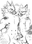  2022 6_nipples anthro ball biped black_and_white black_eyebrows blush canid canine canis cheek_tuft clenched_teeth coyote desertmotels digital_drawing_(artwork) digital_media_(artwork) duo erection eyebrows eyes_closed facial_tuft front_view genitals grey_fox hi_res humanoid_genitalia humanoid_penis male male/male mammal monochrome multi_nipple narrowed_eyes neck_tuft nipples penis simple_background sketch smile standing teeth tuft urocyon white_background 