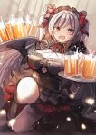  1girl alcohol azur_lane bangs beer beer_mug black_dress black_gloves breasts cleavage clothing_cutout cross cup dress elbe_(azur_lane) elbe_(time_to_show_off?)_(azur_lane) eyebrows_visible_through_hair fang frilled_dress frills gloves holding holding_tray iron_cross large_breasts layered_dress long_hair mug official_alternate_costume open_mouth purple_eyes sea_nami silver_hair skin_fang solo tray twintails underboob_cutout 