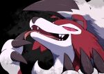  black_background claws colored_sclera commentary_request kemonobito looking_down lycanroc lycanroc_(midnight) open_mouth pink_eyes pink_pupils pink_sclera pokemon pokemon_(creature) sharp_teeth solo teeth tongue upper_body white_fur 