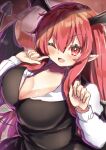  1girl ;d bat_wings black_skirt black_vest blurry blurry_background blush bokeh breasts cleavage demon_tail depth_of_field from_above hair_between_eyes hands_up head_wings koakuma large_breasts long_hair looking_at_viewer one_eye_closed onomiya pointy_ears red_background red_eyes red_hair simple_background skirt smile solo tail touhou v-shaped_eyebrows very_long_hair vest wings 