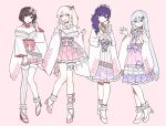  1other 3girls :d akiyama_mizuki ankle_scrunchie asahina_mafuyu asymmetrical_legwear bare_shoulders blue_eyes bow bow_choker braid brown_eyes brown_hair choker closed_mouth cross-laced_sleeves expressionless frilled_choker frilled_kimono frilled_skirt frills hair_bow heart high_heels high_ponytail highres japanese_clothes kimono lolita_fashion long_hair long_sleeves looking_at_viewer mismatched_legwear multiple_girls off-shoulder_kimono pink_bow pink_choker pink_eyes pink_footwear pink_hair pink_skirt plaid plaid_bow project_sekai purple_bow purple_eyes purple_hair sash scrunchie shinonome_ena shirt short_hair side_ponytail skirt sleeveless sleeveless_shirt smile thighhighs very_long_hair wa_lolita waka_(wk4444) white_footwear white_hair white_kimono white_scrunchie white_shirt wide_sleeves yoisaki_kanade 