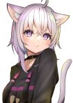  1girl absurdres ahoge animal_ear_fluff animal_ears artist_name black_choker black_jacket cat_ears cat_tail choker commentary eyebrows_visible_through_hair hair_between_eyes highres hololive jacket long_hair long_sleeves looking_at_viewer nekomata_okayu purple_eyes purple_hair short_hair simple_background skoll_world solo symbol-only_commentary tail upper_body virtual_youtuber white_background 