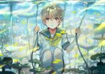  1boy absurdres androgynous bishounen blonde_hair blue_eyes bow bubble canarinu highres in_water lily_pad looking_ahead looking_at_viewer male_focus ocean original pale_skin plant school_uniform serafuku solo underwater 