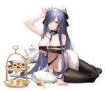  1girl absurdres arm_support arm_up august_von_parseval_(azur_lane) azur_lane between_breasts black_legwear black_ribbon breasts collarbone cup food food_on_breasts full_body fur_collar groin hair_over_one_eye highres horns janload1ng large_breasts long_hair looking_at_viewer mechanical_horns naked_ribbon parted_lips purple_eyes purple_hair ribbon simple_background sitting skindentation solo table thighhighs very_long_hair 