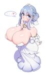  ... 1girl arms_behind_back blue_eyes breasts cleavage commentary_request crystal_rose_sona detached_collar detached_sleeves dress eyebrows_visible_through_hair hairband highres huge_breasts korean_commentary league_of_legends looking_at_viewer purple_hair sona_(league_of_legends) speech_bubble standing tied_hair white_background white_dress yabby 