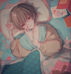  1boy 37_nitrogen bandages bandaid bishounen blanket blonde_hair blood blood_on_face brown_eyes bunny crayon drawing drugs looking_at_viewer lying original pale_skin paper pill quilt scribble sick under_covers yami_kawaii 