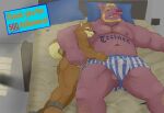  absurd_res anthro balls bed canid canine canis chain chained clothing domestic_dog domestic_pig duo embrace eyes_closed furniture genitals hi_res hug iyhuh7vxmhdc9ht kemono male male/male mammal overweight overweight_male penis pillow sleeping suid suina sus_(pig) underwear 